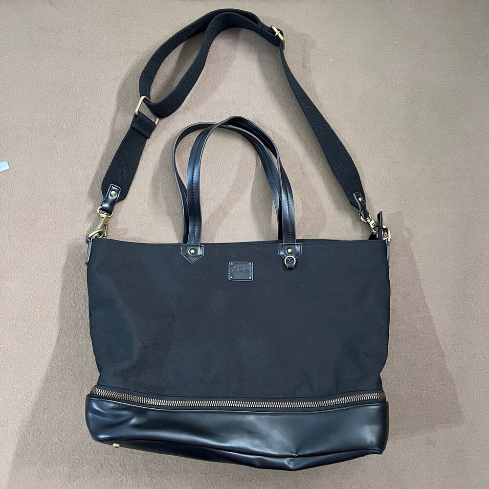 Clarks Black Adjustable Strap Multifunctional Tote Fabric & Leather Brass Tone